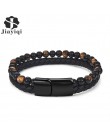 Jiayiqi 6MM naturalny kamień mężczyźni bransoletka czarne prawdziwa skóry klamra magnetyczna bransoletka 18.5/20.5/22cm biżuteri