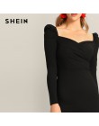 SHEIN czarna komoda Neck Sweetheart bufiaste rękawy Split ołówek zwykły obcisła sukienka kobiety wiosna elegancka sukienka z wys