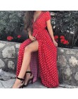 WENYUJH kobiety Polka Dot sukienka z wysokim wycięciem lato Sexy dekolt plaża sukienka boho z krótkim rękawem skrzydła Maxi dług
