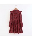 2018 kobiet w stylu vintage z długim rękawem czerwony wzór w cętki mini sukienka eleganckie panie ruffles vestidos swobodny szyk