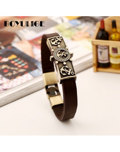 BOYULIGE moda ster Wrap skórzany łańcuszek kotwica bransoletka biżuteria punkowa kawa męska bransoletka Bangle haki w stylu mari