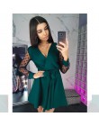 Seksowne szarfy v Neck Party Dress kobiety z długim rękawem Lace Patchwork linia elegancka sukienka 2019 jesień kobieta Club Par