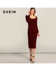 SHEIN czarna komoda Neck Sweetheart bufiaste rękawy Split ołówek zwykły obcisła sukienka kobiety wiosna elegancka sukienka z wys