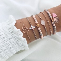 6 sztuk/zestaw zestaw bransoletek dla kobiet Boho Gem Shell Turtle Leaf korale skórzana wielowarstwowa bransoletka Charm Lady Go