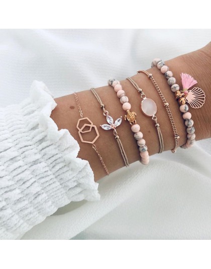 6 sztuk/zestaw zestaw bransoletek dla kobiet Boho Gem Shell Turtle Leaf korale skórzana wielowarstwowa bransoletka Charm Lady Go