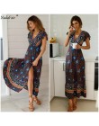 Nadafair Vintage, w kwiaty Maxi sukienki elegancka plaża Sash Sexy V Neck podział sukienka z nadrukiem długa letnia sukienka Boh