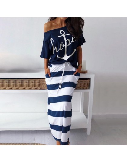 Fanbety kobiety sexy off shoulder zestawy dwuczęściowe sukienka kotwica łodzi koszule z nadrukiem sukienka w paski zestawy Lady 