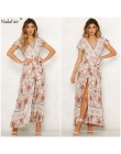 Nadafair Vintage, w kwiaty Maxi sukienki elegancka plaża Sash Sexy V Neck podział sukienka z nadrukiem długa letnia sukienka Boh