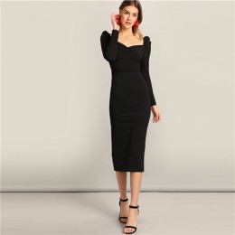 SHEIN czarna komoda Neck Sweetheart bufiaste rękawy Split ołówek zwykły obcisła sukienka kobiety wiosna elegancka sukienka z wys