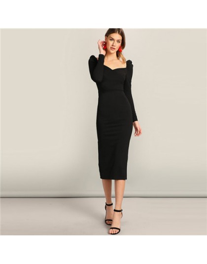 SHEIN czarna komoda Neck Sweetheart bufiaste rękawy Split ołówek zwykły obcisła sukienka kobiety wiosna elegancka sukienka z wys