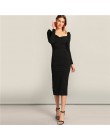 SHEIN czarna komoda Neck Sweetheart bufiaste rękawy Split ołówek zwykły obcisła sukienka kobiety wiosna elegancka sukienka z wys