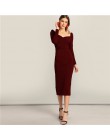 SHEIN czarna komoda Neck Sweetheart bufiaste rękawy Split ołówek zwykły obcisła sukienka kobiety wiosna elegancka sukienka z wys