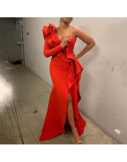 Afrykański styl elegancka impreza seksowny wieczór kobiety długie sukienki jedno ramię Bodycon Split kobiece falbany Maxi czerwo