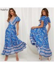 Nadafair Vintage, w kwiaty Maxi sukienki elegancka plaża Sash Sexy V Neck podział sukienka z nadrukiem długa letnia sukienka Boh