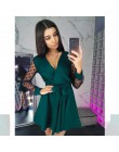 Seksowne szarfy v Neck Party Dress kobiety z długim rękawem Lace Patchwork linia elegancka sukienka 2019 jesień kobieta Club Par
