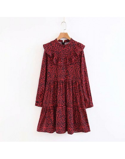 2018 kobiet w stylu vintage z długim rękawem czerwony wzór w cętki mini sukienka eleganckie panie ruffles vestidos swobodny szyk