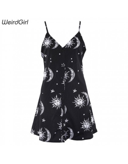 Weirdgirl damskie sukienki luźna dekolt bez rękawów mini sukienka czarne słońce księżyc gwiazda drukowanie elegancki damski, wio