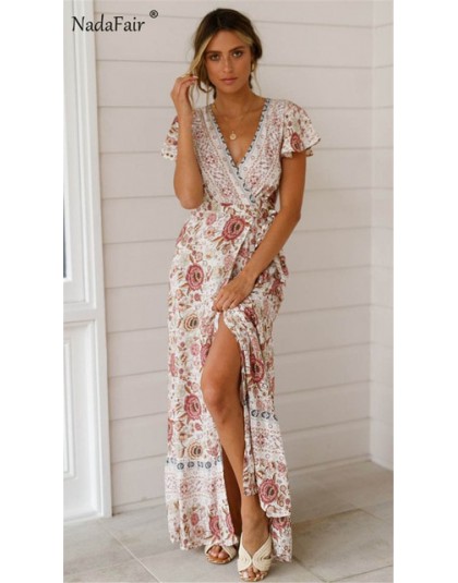 Nadafair Vintage, w kwiaty Maxi sukienki elegancka plaża Sash Sexy V Neck podział sukienka z nadrukiem długa letnia sukienka Boh