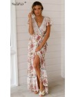 Nadafair Vintage, w kwiaty Maxi sukienki elegancka plaża Sash Sexy V Neck podział sukienka z nadrukiem długa letnia sukienka Boh