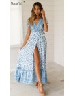 Nadafair Vintage, w kwiaty Maxi sukienki elegancka plaża Sash Sexy V Neck podział sukienka z nadrukiem długa letnia sukienka Boh