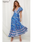 Nadafair Vintage, w kwiaty Maxi sukienki elegancka plaża Sash Sexy V Neck podział sukienka z nadrukiem długa letnia sukienka Boh