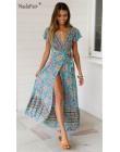Nadafair Vintage, w kwiaty Maxi sukienki elegancka plaża Sash Sexy V Neck podział sukienka z nadrukiem długa letnia sukienka Boh