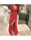 WENYUJH kobiety Polka Dot sukienka z wysokim wycięciem lato Sexy dekolt plaża sukienka boho z krótkim rękawem skrzydła Maxi dług