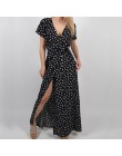 WENYUJH kobiety Polka Dot sukienka z wysokim wycięciem lato Sexy dekolt plaża sukienka boho z krótkim rękawem skrzydła Maxi dług