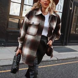 Vintage women 2019 z długim rękawem płaszcze wełniane moda damska gruby płaszcz w kratę kobieta streetwear eleganckie dziewczyny
