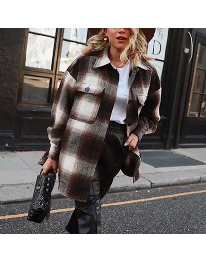 Vintage women 2019 z długim rękawem płaszcze wełniane moda damska gruby płaszcz w kratę kobieta streetwear eleganckie dziewczyny