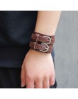 ZORCVENS Fashion podwójny pas skórzany nadgarstek przyjaźń duża szeroka bransoletka dla mężczyzn klamra Vintage biżuteria punkow