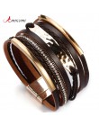 Amorcome metalowy pasek Charm skórzane bransoletki dla kobiet modny Boho pleciona lina szeroki wielowarstwowy Wrap bransoletka d