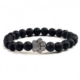 Naturalny matowy czarny lawa wulkaniczny kamień Paw Print Charm bransoletka Homme Femme pamiątkowa biżuteria z motywem zwierząt 