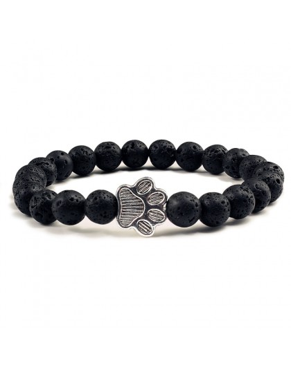 Naturalny matowy czarny lawa wulkaniczny kamień Paw Print Charm bransoletka Homme Femme pamiątkowa biżuteria z motywem zwierząt 