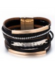 Amorcome metalowy pasek Charm skórzane bransoletki dla kobiet modny Boho pleciona lina szeroki wielowarstwowy Wrap bransoletka d