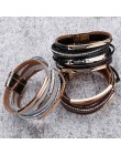 Amorcome metalowy pasek Charm skórzane bransoletki dla kobiet modny Boho pleciona lina szeroki wielowarstwowy Wrap bransoletka d