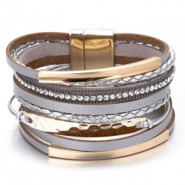 Amorcome metalowy pasek Charm skórzane bransoletki dla kobiet modny Boho pleciona lina szeroki wielowarstwowy Wrap bransoletka d