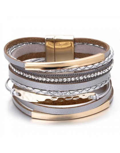 Amorcome metalowy pasek Charm skórzane bransoletki dla kobiet modny Boho pleciona lina szeroki wielowarstwowy Wrap bransoletka d