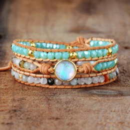 Najwyższej jakości bransoletki damskie naturalny opal kamień Rhinestone 3 rzędy skórzana bransoletka Wrap fantazyjne Femme brans