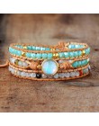 Najwyższej jakości bransoletki damskie naturalny opal kamień Rhinestone 3 rzędy skórzana bransoletka Wrap fantazyjne Femme brans