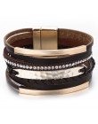 Amorcome metalowy pasek Charm skórzane bransoletki dla kobiet modny Boho pleciona lina szeroki wielowarstwowy Wrap bransoletka d