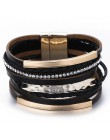 Amorcome metalowy pasek Charm skórzane bransoletki dla kobiet modny Boho pleciona lina szeroki wielowarstwowy Wrap bransoletka d