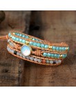 Najwyższej jakości bransoletki damskie naturalny opal kamień Rhinestone 3 rzędy skórzana bransoletka Wrap fantazyjne Femme brans