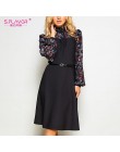 S. FLAVOR kobiety jesień zima w stylu Vintage sukienka trapezowa bez pasa elegancki kwiat wydruku Patchwork z długim rękawem suk