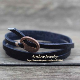 Anslow nowy projekt moda biżuteria hurtowych Vintage wielowarstwowe Wrap skórzana bransoletka dla kobiet mężczyzn 65cm prezent L