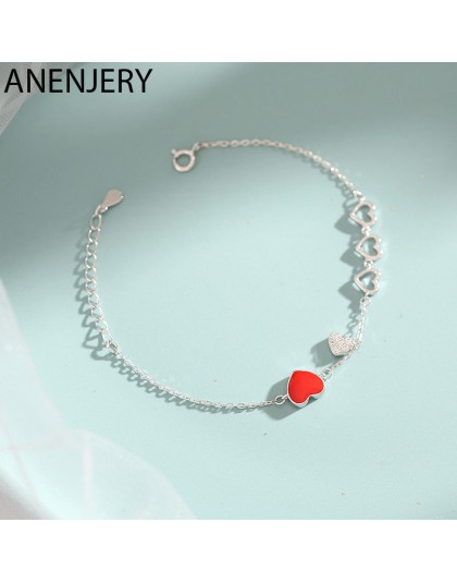 ANENJERY słodki 925 Sterling srebrny czerwony serce bransoletka z cyrkoniami dla kobiet walentynki prezent biżuteria pulseras S-