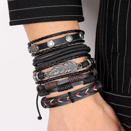 17IF boho punk Vintage men bracelet Leaf Feather wielowarstwowa skórzana bransoletka meska leather bracelet moda męska pleciona 