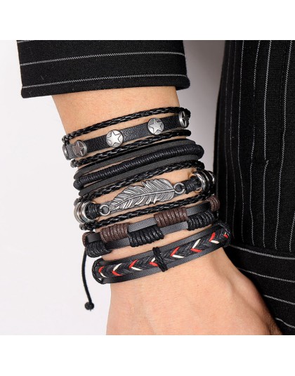 17IF boho punk Vintage men bracelet Leaf Feather wielowarstwowa skórzana bransoletka meska leather bracelet moda męska pleciona 
