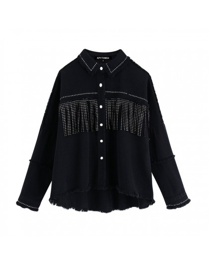 Vintage stylowy Fringe zroszony luźny dżins kurtka płaszcz kobiety 2020 moda z długim rękawem postrzępione wykończenia panie odz