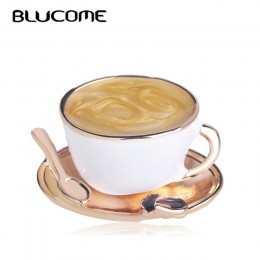 Blucome Fashion Coffee Cup łyżka kształt dysku broszki biała emalia złoty kolor broszka przypinki kobiety mężczyźni odzież płasz